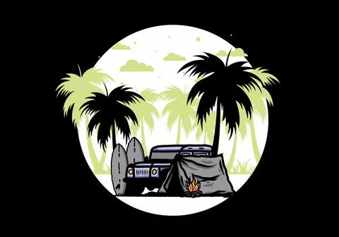 Camping on the beach with off road car Stock Illustration