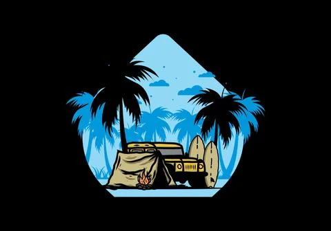 Camping on the beach with off road car Stock Illustration