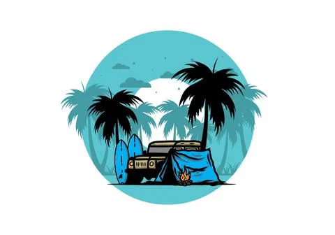 Camping on the beach with off road car Stock Illustration