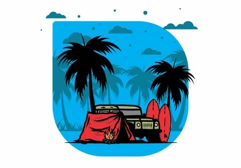 Camping on the beach with off road car Stock Illustration