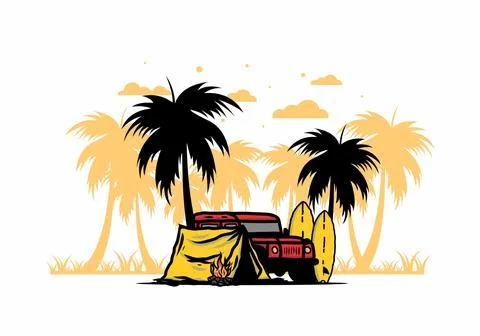 Camping on the beach with off road car Stock Illustration