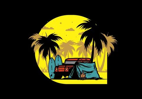Camping on the beach with off road car Stock Illustration