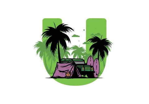 Camping on the beach with off road car Stock Illustration
