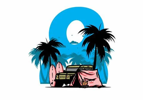 Camping on the beach with off road car Stock Illustration
