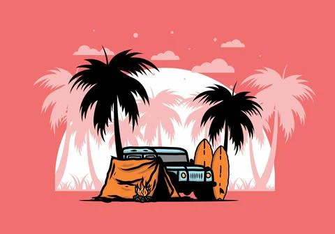 Camping on the beach with off road car Stock Illustration