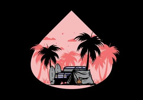 Camping on the beach with off road car Stock Illustration