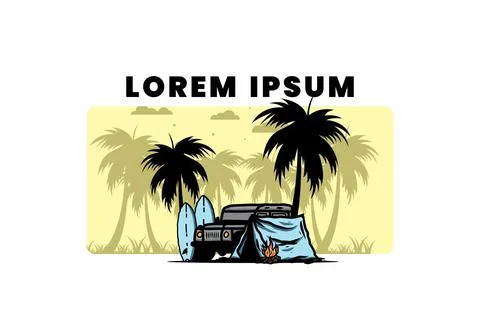 Camping on the beach with off road car Stock Illustration