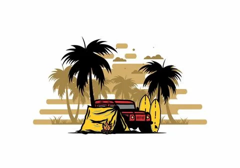 Camping on the beach with off road car Stock Illustration