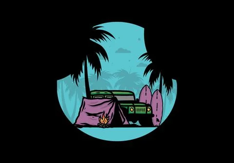 Camping on the beach with off road car Stock Illustration