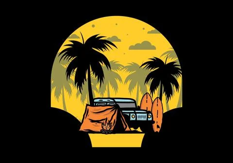 Camping on the beach with off road car Stock Illustration