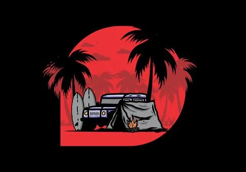 Camping on the beach with off road car Stock Illustration