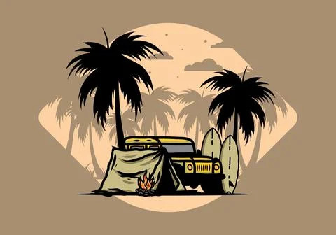 Camping on the beach with off road car Stock Illustration