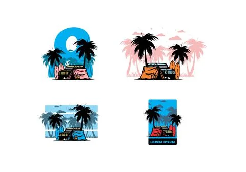 Camping on the beach with off road car Stock Illustration