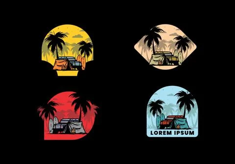 Camping on the beach with off road car Stock Illustration