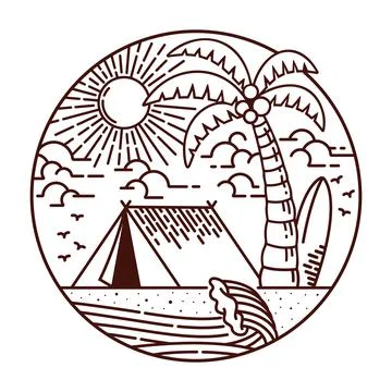 Camping on the beach vector line illustration Stock Illustration