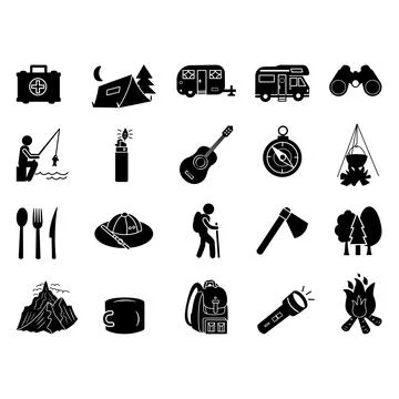 Camping Black Icons Set. Vector Hiking Set. Icons of Tourist, Tent, First A.. Stock Illustration
