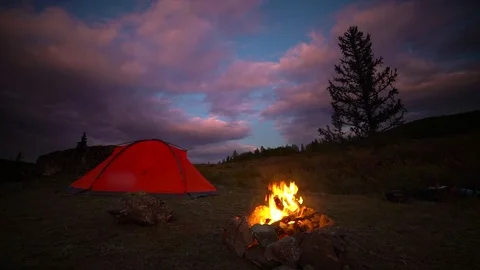 Camping with a bonfire and a sunset. evening time. the backdrop of the forest. Video stock 81646531