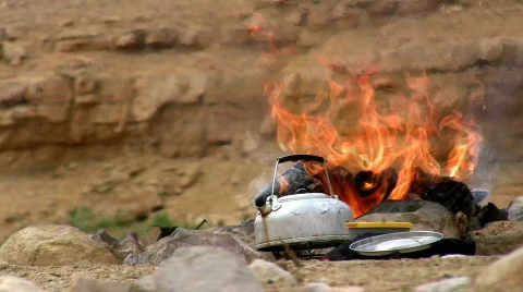 Camping bonfire. Kettle on the stove. Adding woods.  Stock Footage 671159