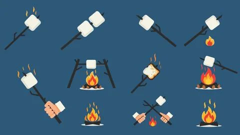 Camping bonfire marshmallows on sticks set for roasting. Illustrazione stock