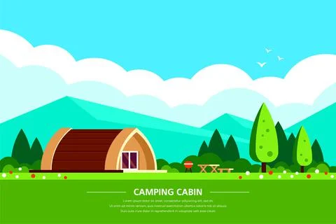 Camping cabin banner design, flat style illustration Stock Illustration