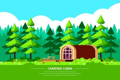 Camping cabin banner design, flat style illustration Stock Illustration