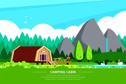 Camping cabin banner design, flat style illustration Stock Illustration