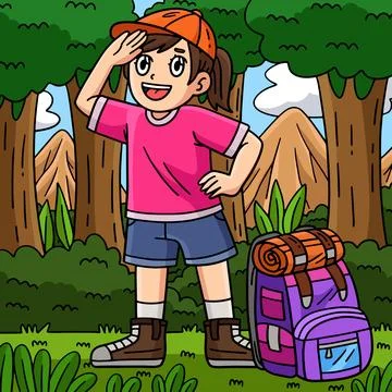 Camping Camper with Backpack Colored Cartoon Stock Illustration