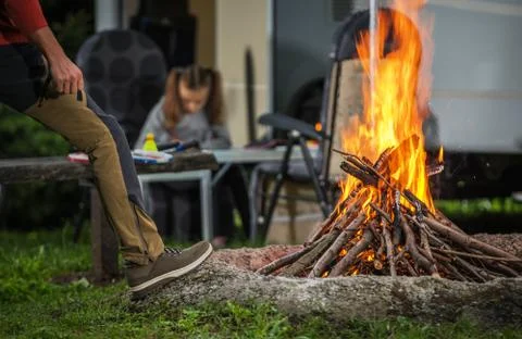 Camping with Campfire Stock Photos