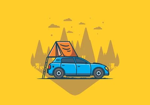 Camping with car flat illustration Stock Illustration