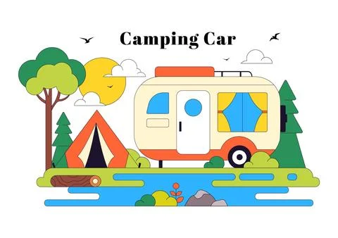 Camping Car Vector Illustration Featuring Campervan, Outdoor Adventure, Roa.. Illustrazione stock