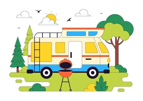 Camping Car Vector Illustration Featuring Campervan, Outdoor Adventure, Roa.. Illustrazione stock