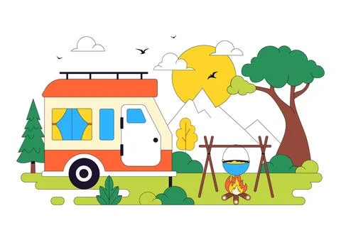 Camping Car Vector Illustration Featuring Campervan, Outdoor Adventure, Roa.. Illustrazione stock