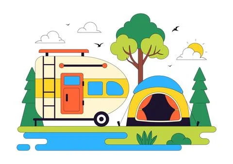 Camping Car Vector Illustration Featuring Campervan, Outdoor Adventure, Roa.. Illustrazione stock