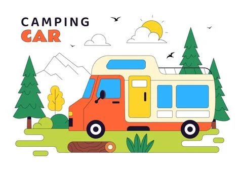 Camping Car Vector Illustration Featuring Campervan, Outdoor Adventure, Roa.. Illustrazione stock