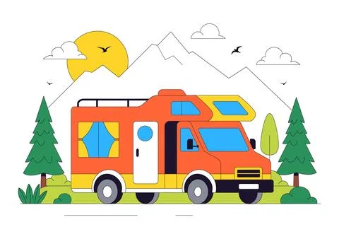 Camping Car Vector Illustration Featuring Campervan, Outdoor Adventure, Roa.. Illustrazione stock