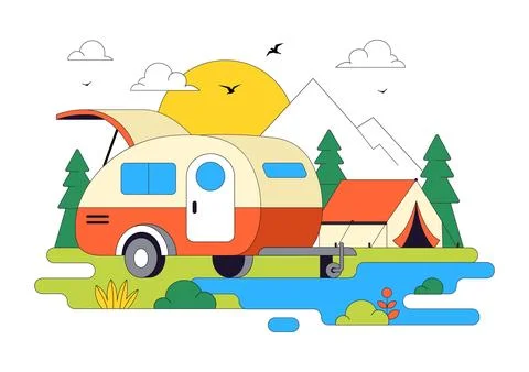 Camping Car Vector Illustration Featuring Campervan, Outdoor Adventure, Roa.. Illustrazione stock