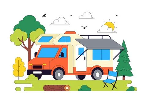 Camping Car Vector Illustration Featuring Campervan, Outdoor Adventure, Roa.. Illustrazione stock