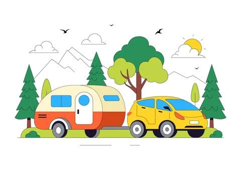 Camping Car Vector Illustration Featuring Campervan, Outdoor Adventure, Roa.. Illustrazione stock