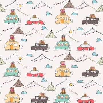 Camping Car Vector Pattern Background. 스톡 일러스트