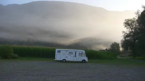 Camping caravan in front of the mountain Stock Footage 66391109