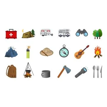 Camping Cartoon Icons Set. Vector Hiking Set. Icons of Tourist, Tent, First.. Stock Illustration
