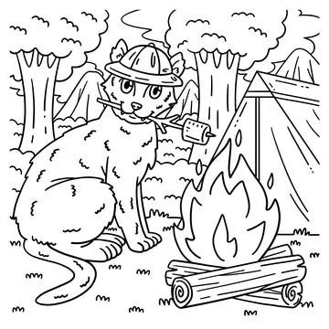 Camping Cat Roasting Marshmallows Coloring Page Stock Illustration