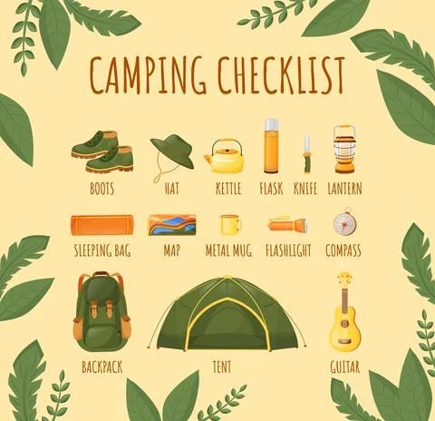 Camping checklist flat color vector informational infographic template Stockillustratie