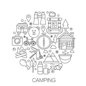 Camping in circle - concept line illustration for cover, emblem, badge Ilustração Stock