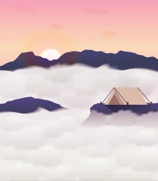 Camping on cliff when mist on sky pink. Illustrazione stock