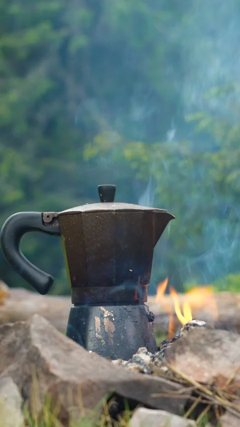 Camping Coffee Maker Heating Over Fire Outdoors Stock Footage 336046457