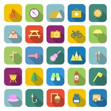 Camping color icons with long shadow Stock Illustration