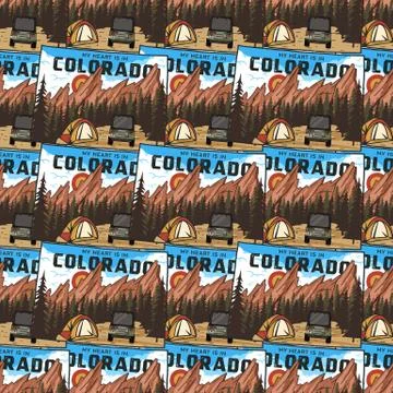Camping Colorado seamless pattern with camping adventure patches emblems. Travel Illustrazione stock