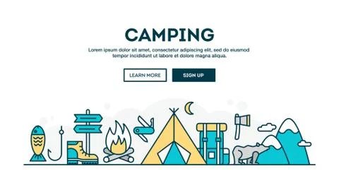 Camping, colorful concept header, flat design thin line style Stock Illustration