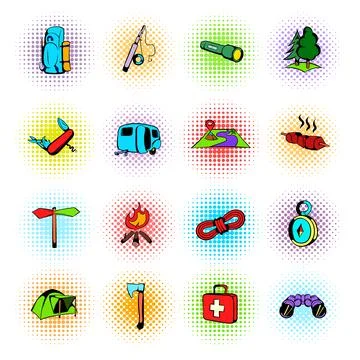 Camping comics icons Stock Illustration